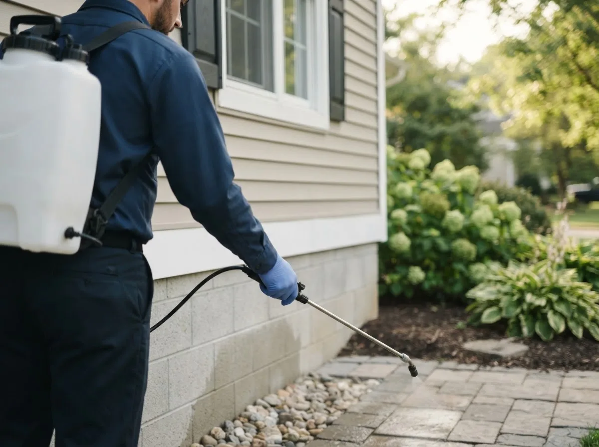 Pest control technician inspecting a home in Abingdon, IL